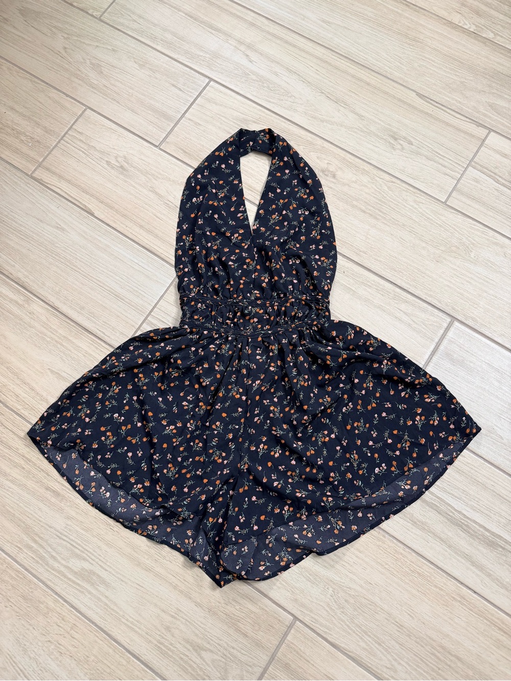 SHEIN Black Floral Halter Romper Open Back Boho Ruffle Mini Dress Size M
